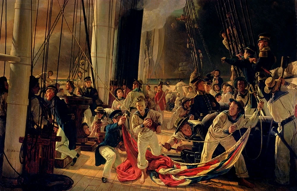 Sul ponte durante una battaglia navale - The Bridgeman Art Library